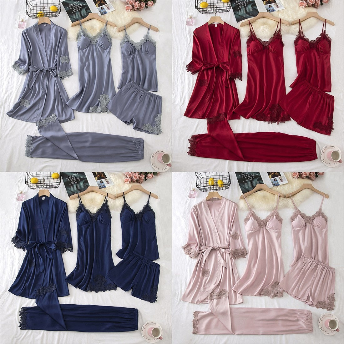 Damespyjama • Satijn • Sexy nachtmode • Zomerpyjama met broek • Nachtjapon • V-hals • Kimono • Set • Lingerie
