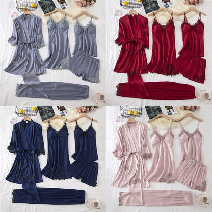 Damespyjama • Satijn • Sexy nachtmode • Zomerpyjama met broek • Nachtjapon • V-hals • Kimono • Set • Lingerie