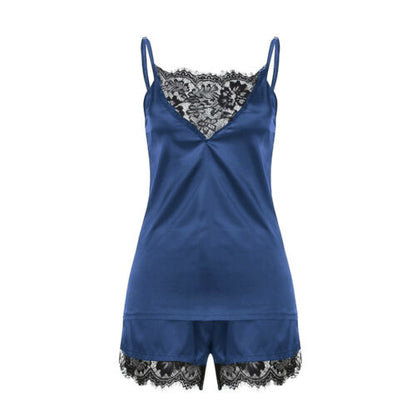 Dames sexy pyjama set van satijn en kant • Elegante mouwloze top en korte broek • Nachtpyjama set • Ondergoed