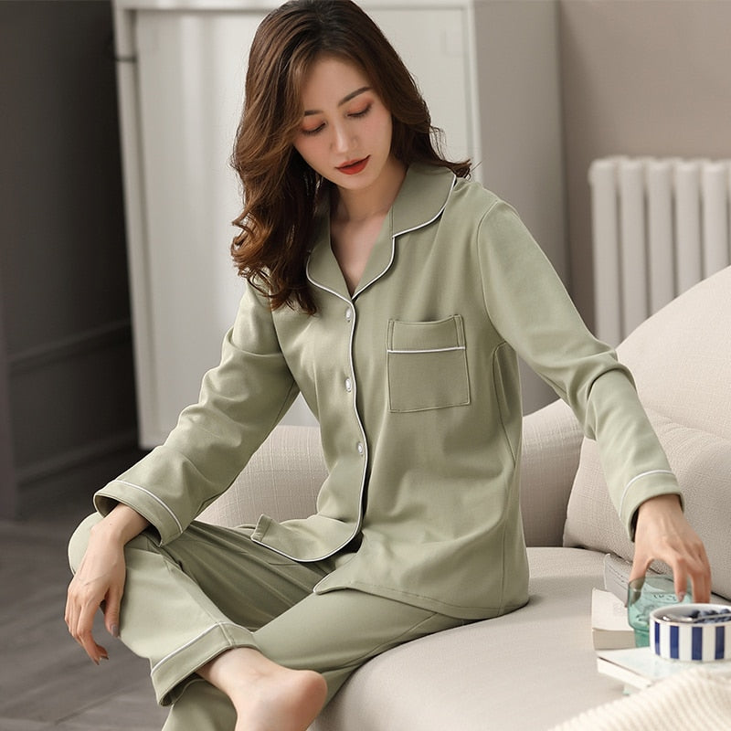 Dames 100% katoenen pyjama • Winter slaapkleding • Lounge nachtkleding • Effen • Witte damespyjama • Slaapkamerkleding • 100% katoenen pyjama • PJs