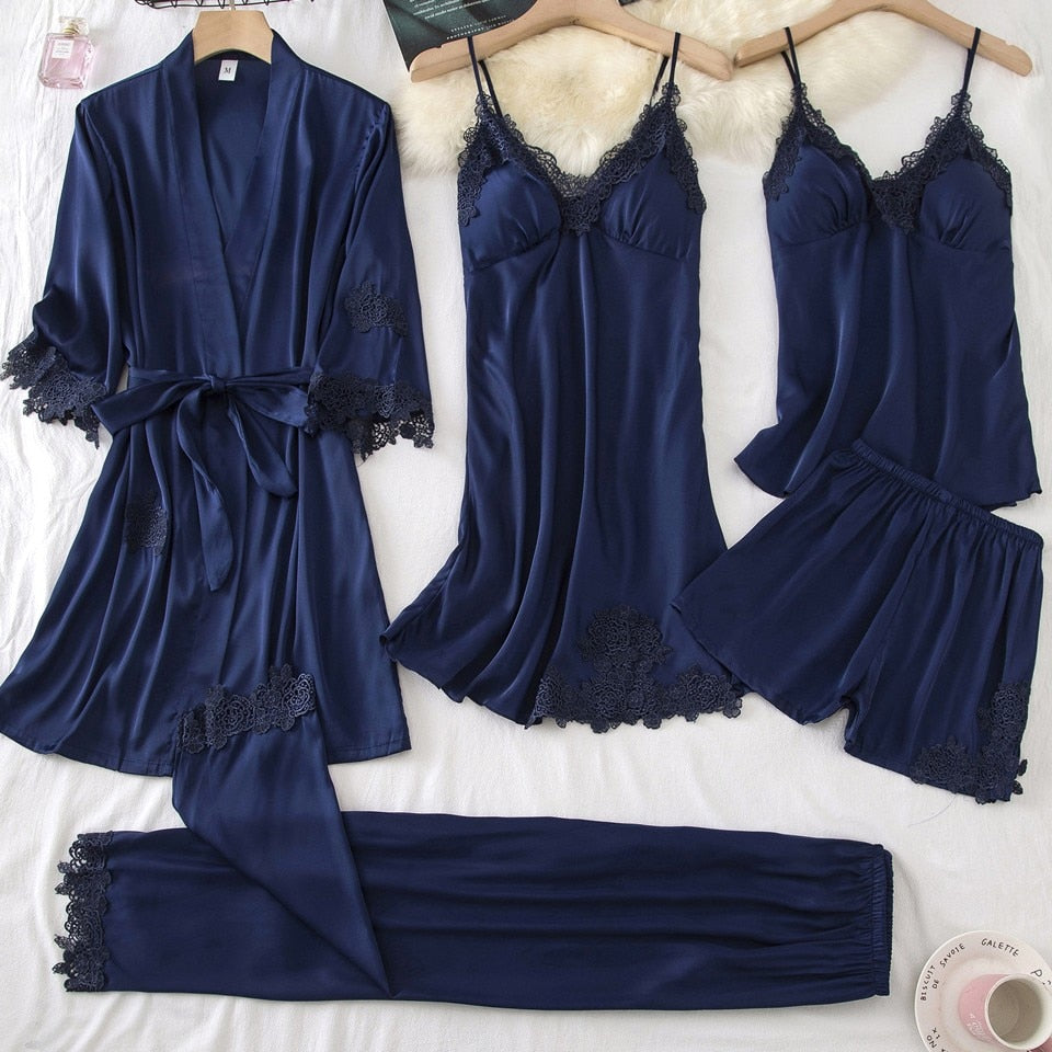 Damespyjama • Satijn • Sexy nachtmode • Zomerpyjama met broek • Nachtjapon • V-hals • Kimono • Set • Lingerie