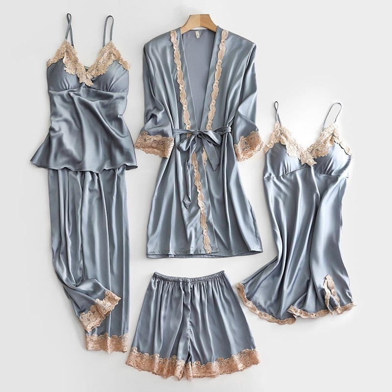 Bruidskamerjas • Zomers satijn voor dames • Sexy kimono-badjas • Bruidsslaapshirt van kant • Badlingerie • Loszittende pyjama