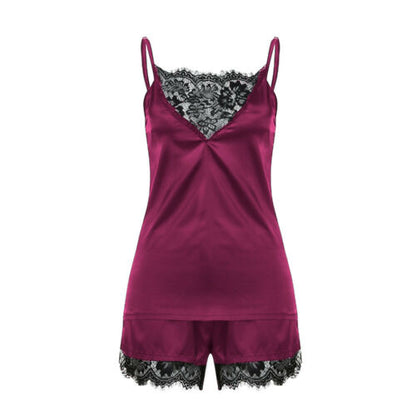 Dames sexy pyjama set van satijn en kant • Elegante mouwloze top en korte broek • Nachtpyjama set • Ondergoed