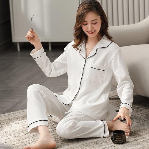 Dames 100% katoenen pyjama • Winter slaapkleding • Lounge nachtkleding • Effen • Witte damespyjama • Slaapkamerkleding • 100% katoenen pyjama • PJs