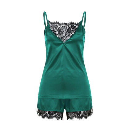 Dames sexy pyjama set van satijn en kant • Elegante mouwloze top en korte broek • Nachtpyjama set • Ondergoed