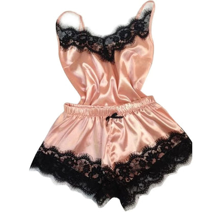 Damespyjama • Modieuze V-hals • Satijn stretch nachthemd met kant • Sexy lingerie • Pyjama met strik • Korte nachtset • Nachtkleding • Nieuw