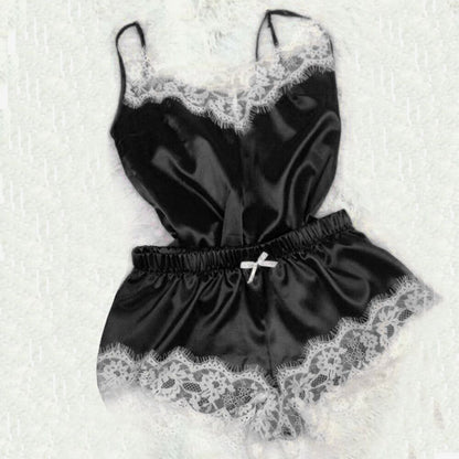 Damespyjama • Modieuze V-hals • Satijn stretch nachthemd met kant • Sexy lingerie • Pyjama met strik • Korte nachtset • Nachtkleding • Nieuw