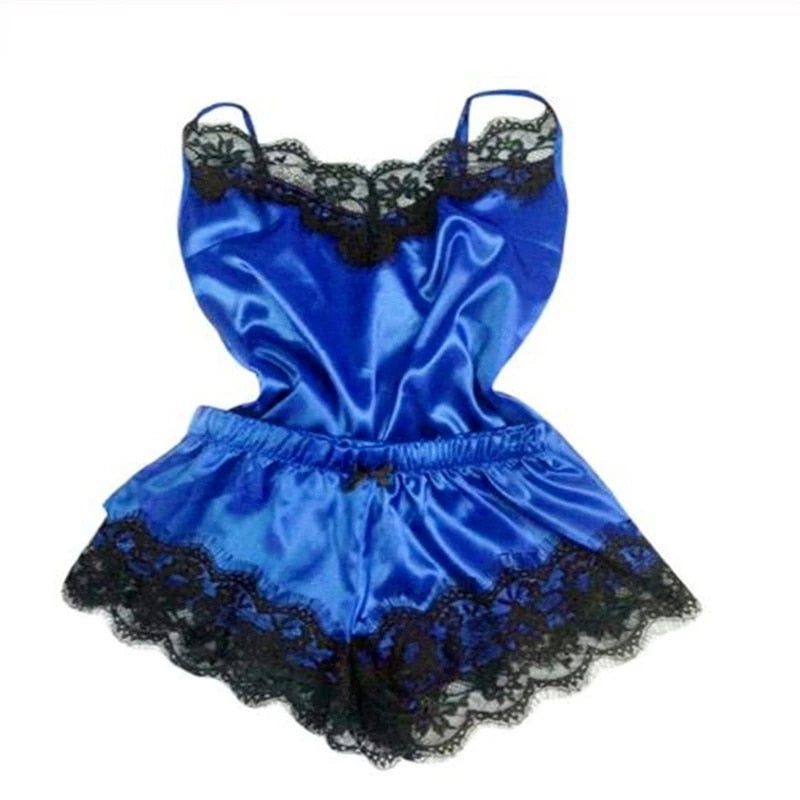 Damespyjama • Modieuze V-hals • Satijn stretch nachthemd met kant • Sexy lingerie • Pyjama met strik • Korte nachtset • Nachtkleding • Nieuw
