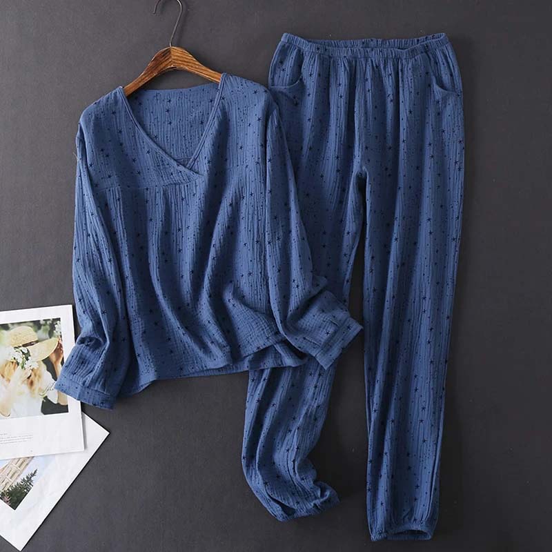 Dames gewassen katoenen pyjama • Pyjama • Nachtkleding • Lange broek • Lange mouwen • Textuur crêpe gaze • Pyjama set