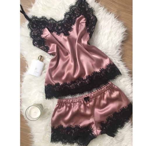 Damespyjama • Modieuze V-hals • Satijn stretch nachthemd met kant • Sexy lingerie • Pyjama met strik • Korte nachtset • Nachtkleding • Nieuw