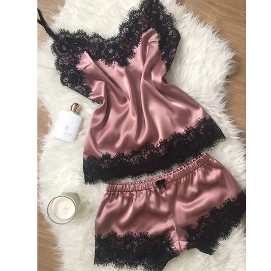 Damespyjama • Modieuze V-hals • Satijn stretch nachthemd met kant • Sexy lingerie • Pyjama met strik • Korte nachtset • Nachtkleding • Nieuw